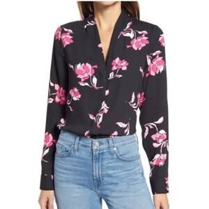 Halogen V-Neck Top in Black Pink‎ Morgana Floral Long Sleeves Button Up Size XS